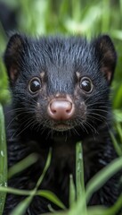 A close-up of a small, black mammal peeking through green grass with curious eyes.