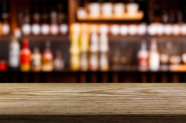 wooden table for placing products with a beautiful night restaurant backdrop, Space for placing items on the table, product and food display.