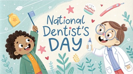 Celebrating national dentist's day with kids and dental tools illustration