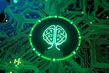 A digital illustration of a brain symbol on a circuit board, representing technology and intelligence.