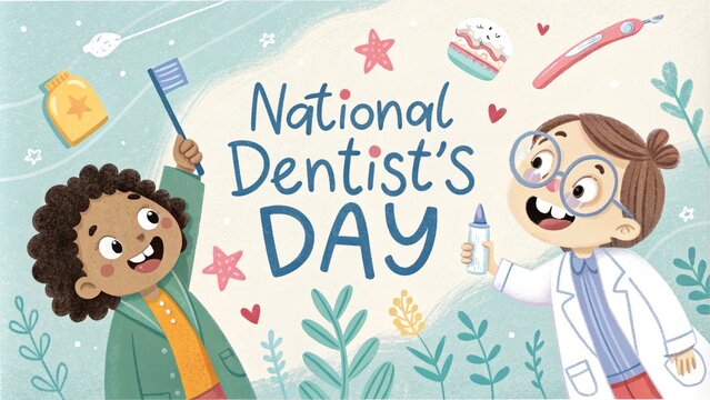 Celebrating national dentist's day with kids and dental tools illustration
