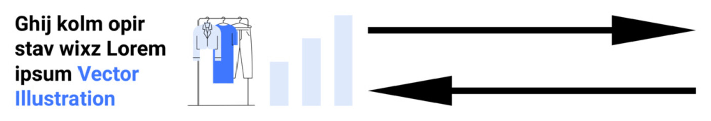Blue shirt hanging on a rack beside an ascending bar graph and two black directional arrows. Ideal for business growth, direction, trend analysis, fashion industry, marketing strategies, data