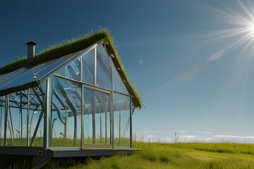 Obraz premium Family around green house with solar panels and wind turbine, vertical video 