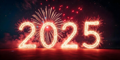 Happy New Year 2025. Hanging golden metallic numbers 2025 with stars, balls and snowflake on blue background. Reindeer, gift boxes, metallic pine or fir, cone shape spruce trees.