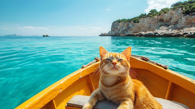 A cat is sitting in a boat on a lake - Powered by Adobe