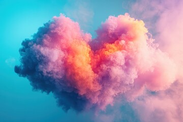 Fototapeta premium A vibrant cloud formation takes the shape of a heart, displaying shades of pink, orange, and purple against a soft blue background at sunset, creating a serene atmosphere.