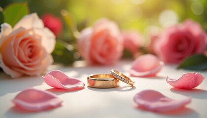 Wedding rings among rose petals on soft background