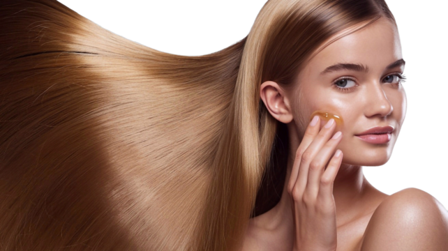 Skin care procedure: close up of young woman, portrait of model girl with long straight shiny smooth healthy hair, natural beauty of smooth skin for skin care, applying oil  isolated on a transparen