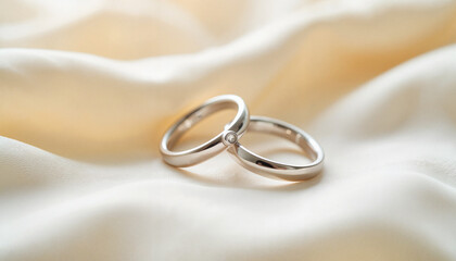 Silver wedding rings on soft cream satin background