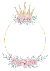 Watercolor illustration for Template with golden crown adorned with pink flowers and green leaves. Floral Frame for baby shower invitations, princess themes and wedding greeting cards. © Alisles