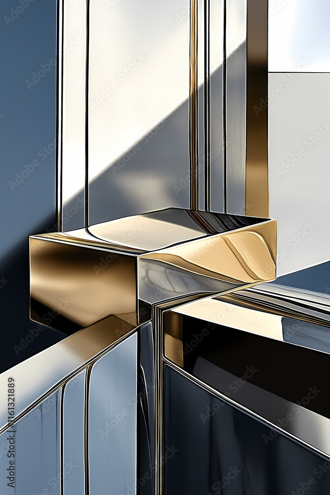 Poster golden architectural block shines in modern space, casting shadows with precision. minimalism in for