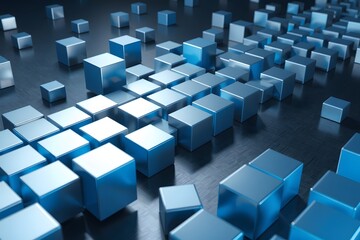 A collection of shiny blue cubes arranged on a reflective surface.