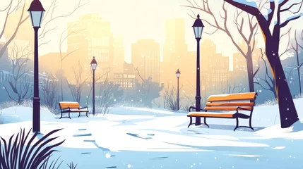 Fototapete Rund City winter park with snow-covered trees benches paths and lanterns against the backdrop of the city.   City park  landscape of winter nature.   Winter Christmas vector illustration  © LU