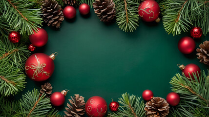 Festive New Year's decorations and pinecones beautifully arranged on a vibrant green background, evoking a natural holiday charm.