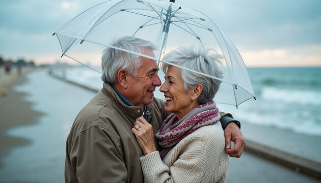 Joyful elderly couple embracing under an umbrella by the beach