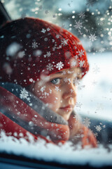 Vertical shot of a child watching snowflakes fall outside a car window, framed by frosted glass