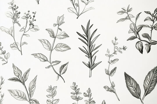 The image is a black and white illustration featuring various herbs and plants, including rosemary, basil, and thyme, arranged in a scattered pattern against a white background