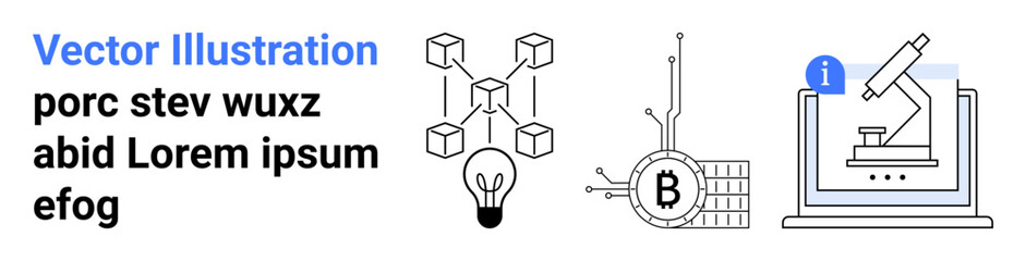 Blockchain diagram, lightbulb, Bitcoin circuit, laptop and microscope. Ideal for technology, blockchain, cryptocurrency, innovation, research science education Landing page