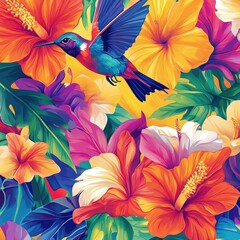 Vibrant Hummingbird Soaring Amidst Tropical Hibiscus Flowers