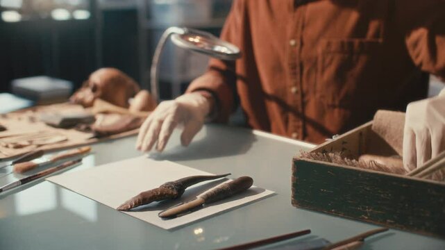 Unrecognizable male archaeologist in gloves arranging ancient tools on paper sheet with brushes nearby, preparing artifacts for examination on laboratory table. Close-up view