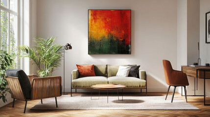 Stylish scandinavian living room with design furniture, plants, bamboo bookstand and wooden desk. Brown wooden parquet. Abstract painting on the white wall. Nice apartment. Modern decor of bright room