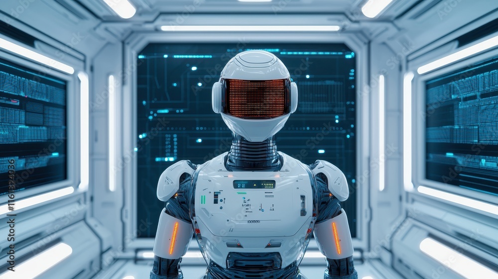 Aufkleber a futuristic robot with a digital display for a face stands in a sleek, high-tech environment, surro