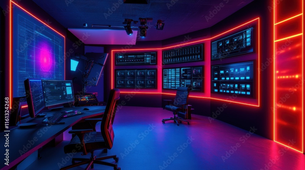 Poster a futuristic control room with glowing neon lights, featuring multiple screens and a high-tech atmos