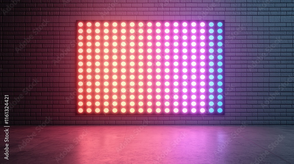 Poster a vibrant led wall display features a gradient of pink and blue lights against a dark brick backgrou