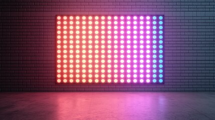 A vibrant LED wall display features a gradient of pink and blue lights against a dark brick background, creating a dynamic visual effect.