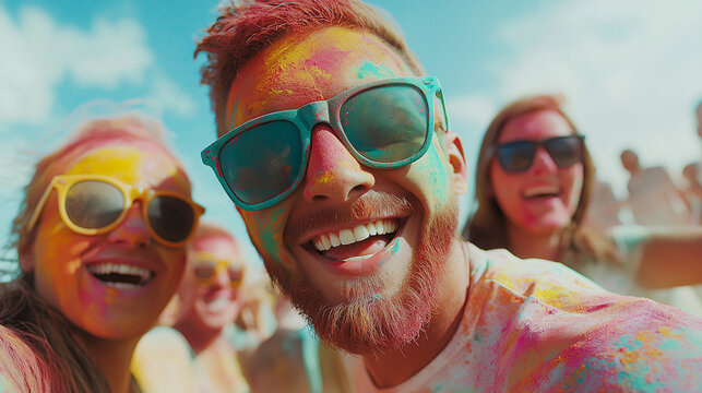 Joyful young adults celebrating holi festival with colorful powder and smiles - Powered by Adobe
