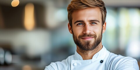 Confident young chef in pristine white uniform ready to create culinary masterpieces warm smile reflects passion and dedication to art of cooking