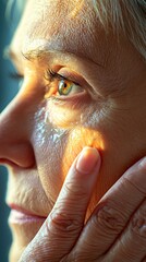 Close up of woman applying cream to face sunlight illuminating wrinkles and skin texture moment of self care and skincare