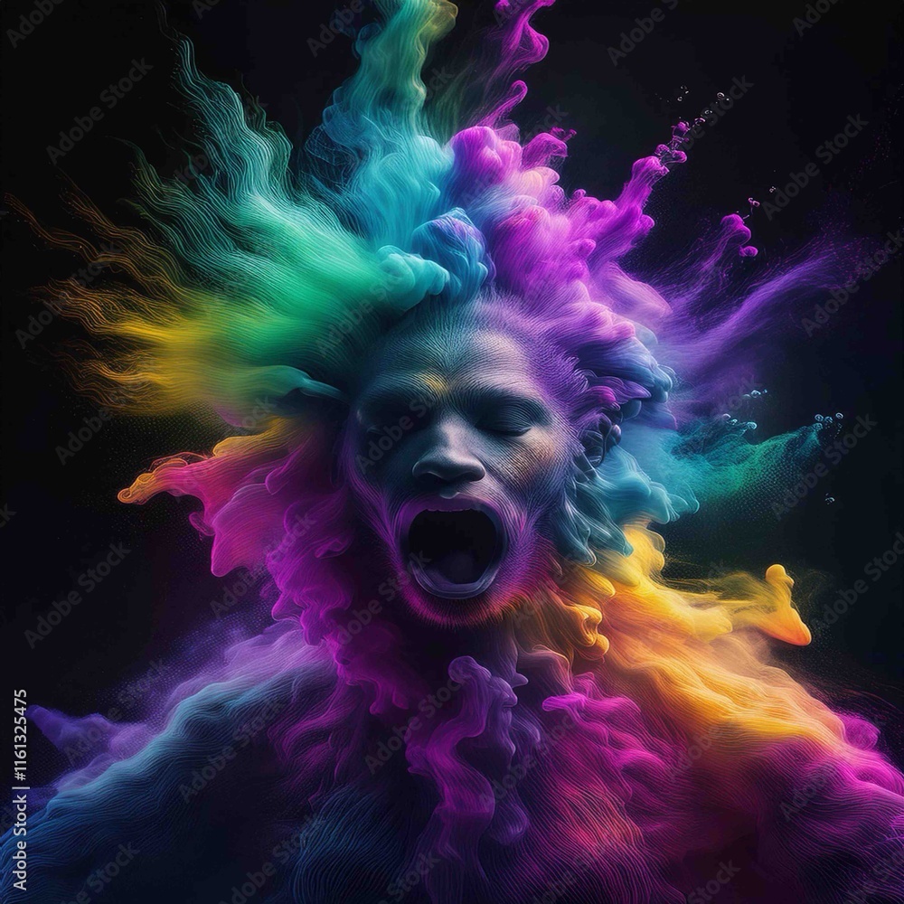 Wall mural portrait of a person with colorful splashes and black background