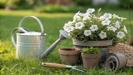 Close-up of white trailing petunias (calibrachoa), watering can, plant pots and gardening equipment on a lawn ready for repotting,
