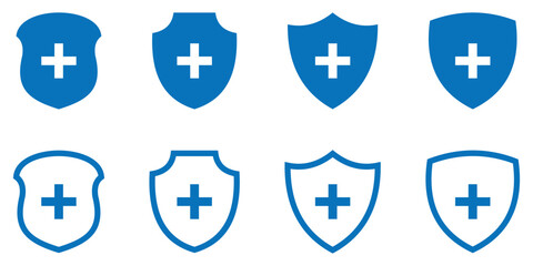 Blue Shield Icon with Plus Sign for Safety and Health.