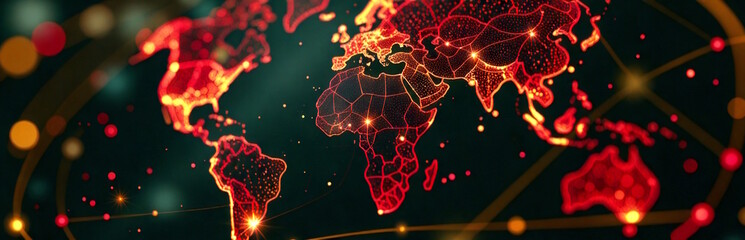 Illuminated digital world map in glowing red and yellow tones, symbolizing interconnectedness and Black History Month
