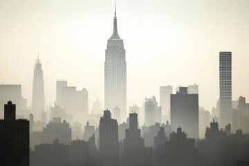 Skyscrapers emerge from hazy skyline at sunrise