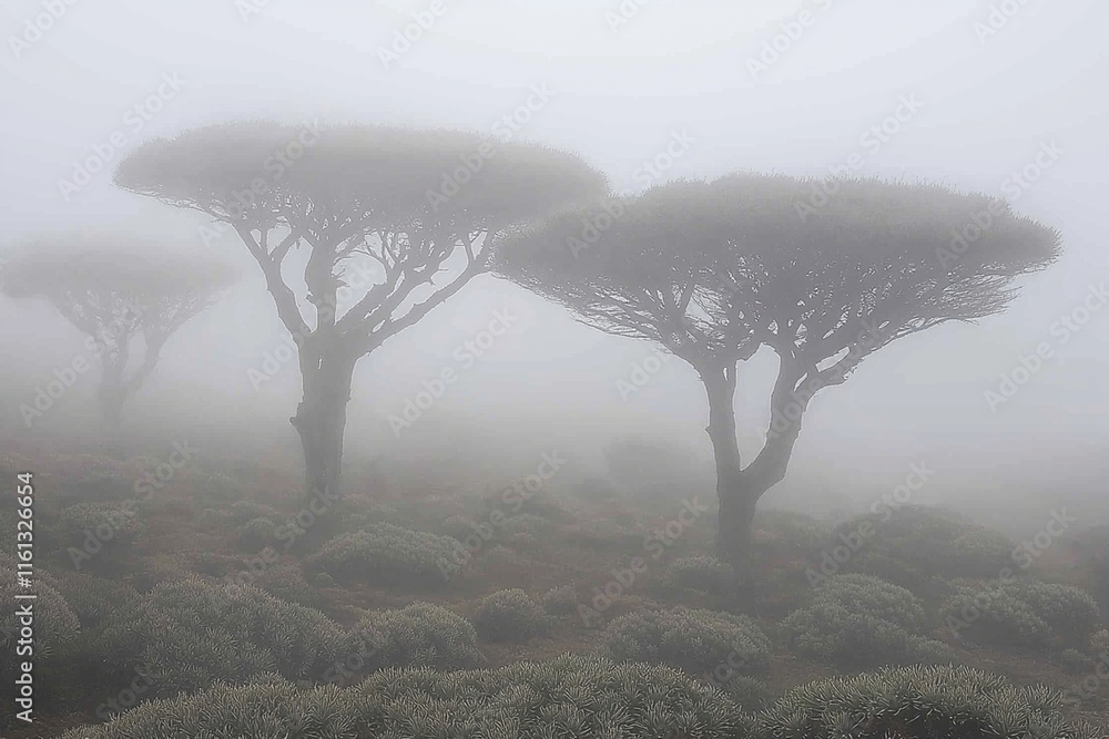 Poster silhouettes of trees in fog with soft focus effect