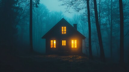 Dark forest scene with eerie glowing windows of a small house at night. Cinematic and mysterious, perfect for horror or fantasy projects. Atmospheric and spooky ambiance.