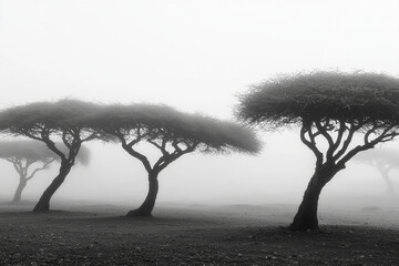 Silhouettes of trees shrouded in morning fog