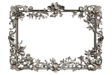 Victorian style frame with delicate floral patterns, metallic silver finish. Isolated on transparent background cut out