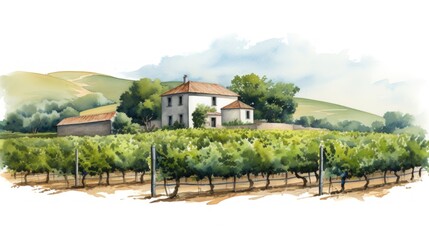Naklejka premium Serene Vineyard House: A Watercolor Painting of Tranquil Countryside