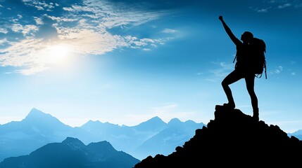 Silhouette of hiker celebrating victory on mountain peak.