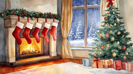 Christmas tree reunion concept. Cozy Christmas scene with a decorated tree, stockings, and a warm fireplace.