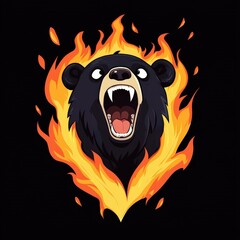 A startled bear with flames engulfing its mouth surrounded by a fiery backdrop conveying an intense dramatic scene of nature's raw power and emotion