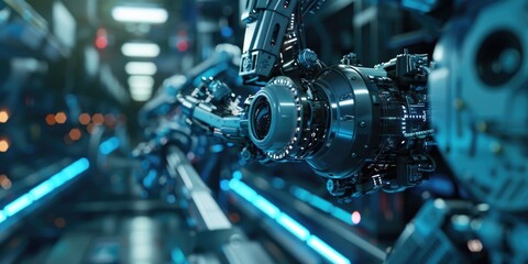 Obraz premium Modern manufacturing process with robots assembling mechanical parts.
