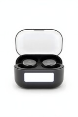 A black charging case with two wireless earbuds inside, designed for portable audio listening.