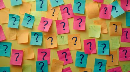 Colorful sticky notes with question marks scattered on a vibrant yellow background. Flat lay composition, providing copy space for brainstorming ideas.
