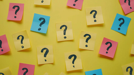 Colorful sticky notes with question marks scattered on a vibrant yellow background. Flat lay composition, providing copy space for brainstorming ideas.