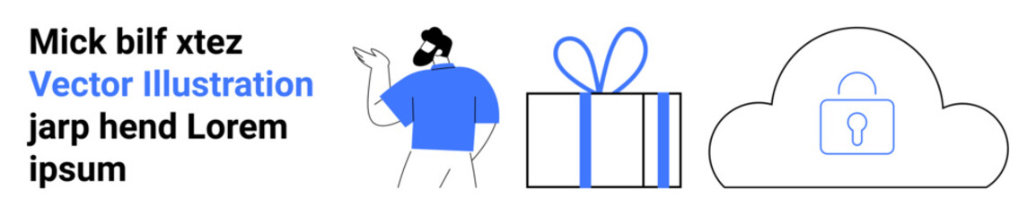 Man gesturing with one hand, blue gift box with ribbon, cloud icon with padlock for security. Ideal for web design, security, gifts, data protection, online shopping, illustrations marketing